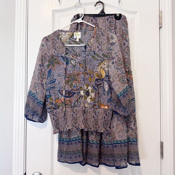 Fig & Flower Boho Floral Smocked Tiered Ruffle 2 Piece Skirt Set Women’s Size PM - Picture 1 of 13